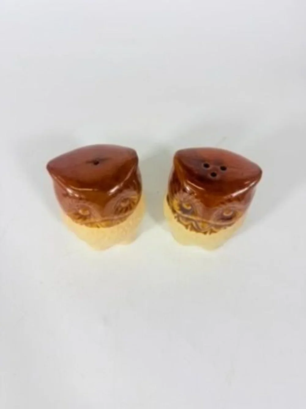 Pottery Owl Salt & Pepper Shakers  Brown Glaze Vintage Kitchenware Retro Collect